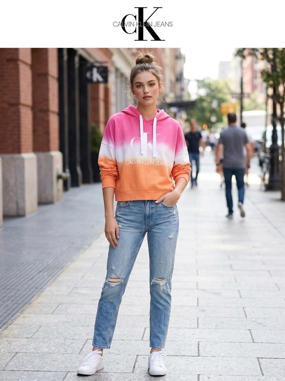 Calvin Klein Jeans Pink to Orange Ombre Cropped Hoodie with White Logo